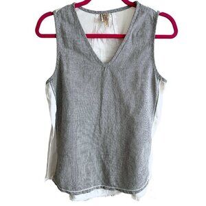 XCVI 100% Linen V Neck Sleeveless Tank Blue White Pinstripe Raw Fringe Edge Sm